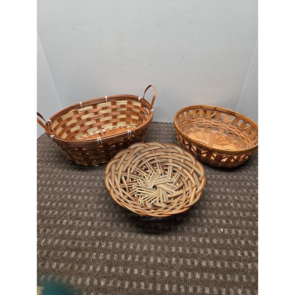 Set of 3 Woven Wicker Baskets Rustic Farmhouse Decor Oval Round Shallow Tray